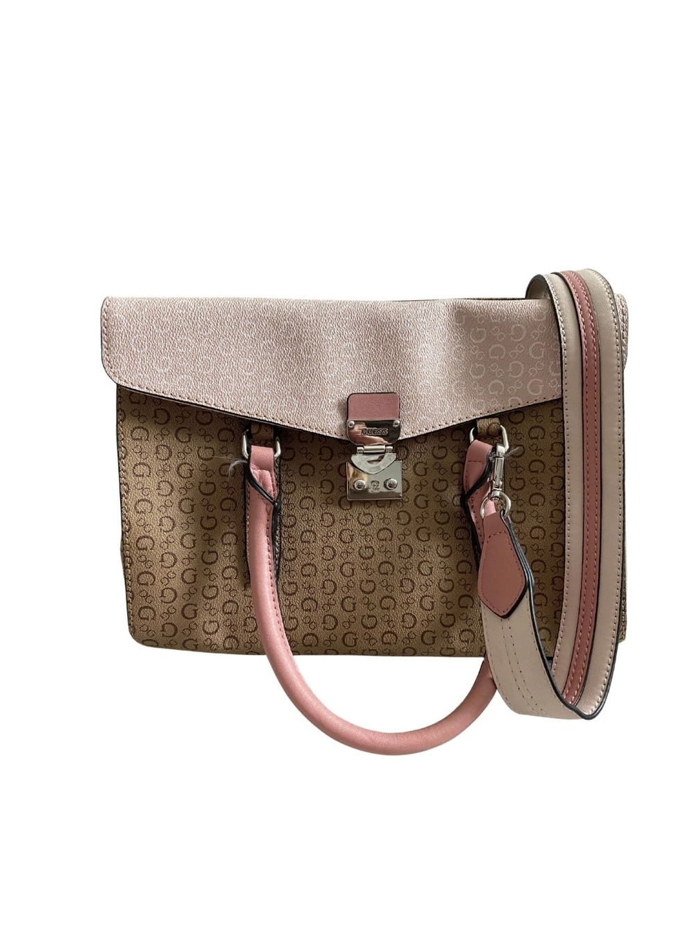 Guess Handbag Blush Pink Signature Logo Multi-Pocket Satchel Purse Adjustable